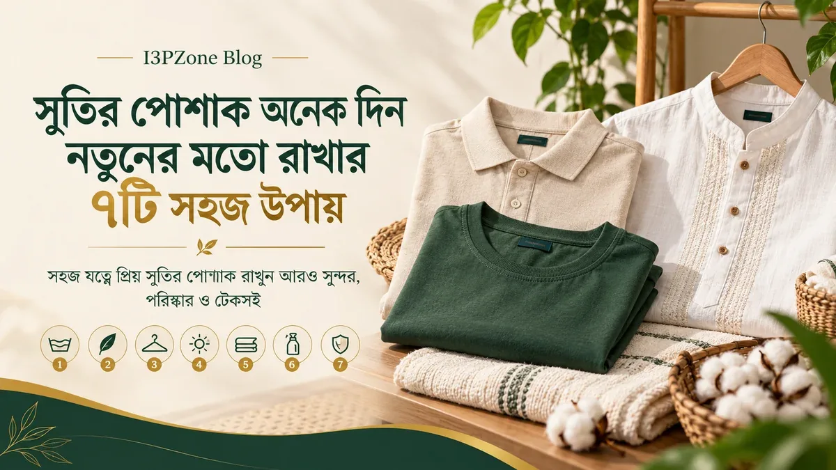 I3PZone ব্লগের ব্যানারে সুতির পোশাক যত্নের ৭টি সহজ উপায়ের শিরোনাম; পাশে ভাঁজ করা সবুজ ও বেইজ পোশাক এবং হ্যাঙ্গারে ঝোলানো সাদা পাঞ্জাবি।